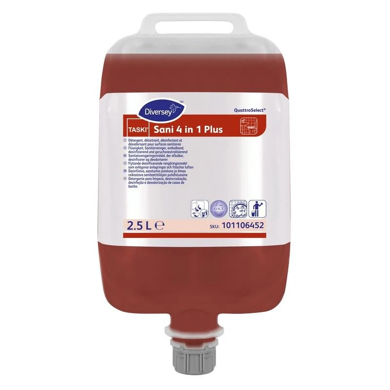Taski sani 4 in 1 plus, pulitore sanitario liquido, detergente, discendente, disinfezione e neutralizzatore degli odori