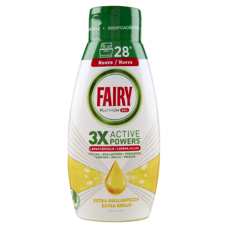 Fairy Gel Lavastoviglie Platinum Extra Brillantezza, Detersivo Piatti Limone 28 Lavaggi 504ml