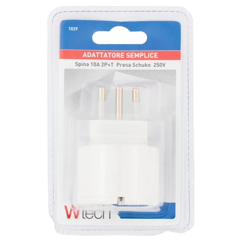 Wtech Adattatore Semplice Spina 10A 2P+T Presa Schuko 250V