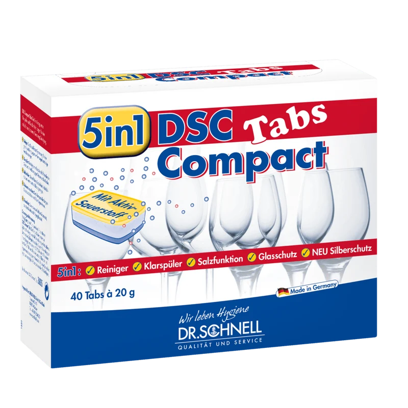 Dr. Schnell Pastiglie per lavastoviglie DSC COMPACT TABS con ossigeno attivo, potere pulente | Contenitore (40 compresse)