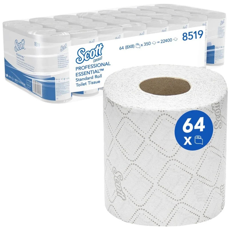 Carta igienica Scott® Essential ™ - Piccoli rotoli / bianco - 8 pacchetti x 8 piccoli rotoli x 350 fogli di tessuto toilette | Cartone (8 pacchi)