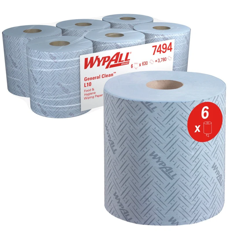 Wypall® L10 Tovagliolo di carta per cibo e igiene - centrefeed per Reach+™ / Blue - 6 rotoli x 630 fogli | Cartone (6 ruoli)