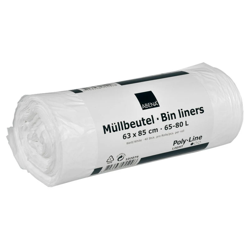 Borsa della spazzatura 65-80 L, 630x850 mm, 8 My HDPE, bianco | Ruolo (40 borse)