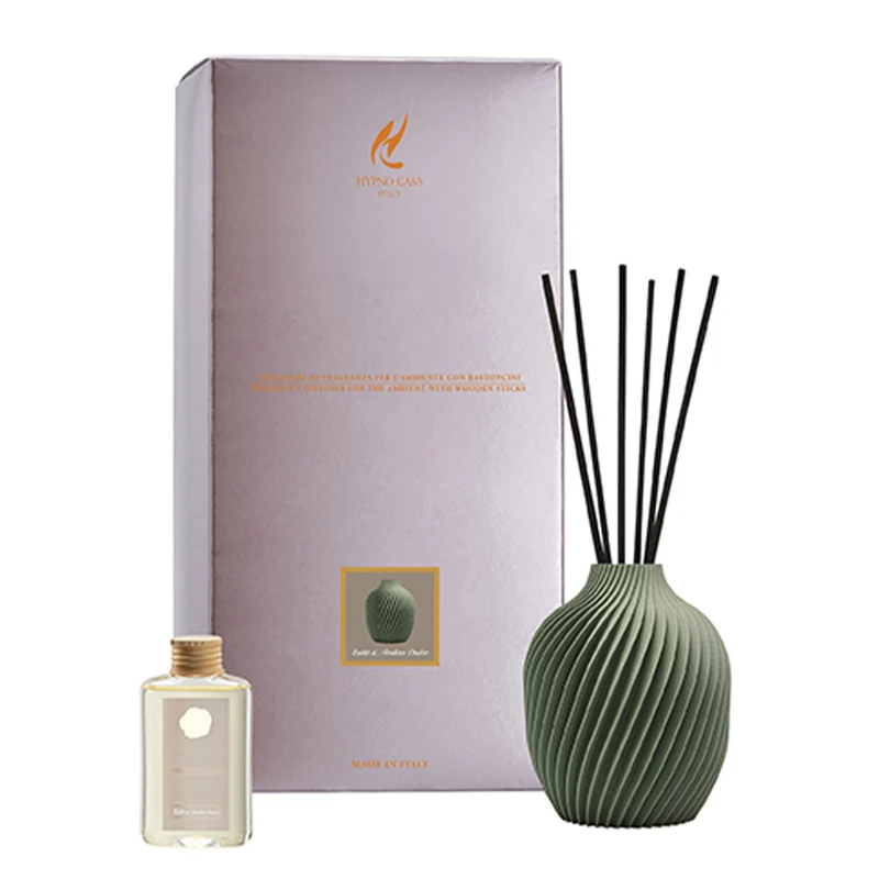 Profumatore vaso verde salvia “Latte e Ambra dolce” Diffusore a bastoncino, Hypno Casa, 50 ml