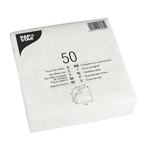 PAPSTAR Tovaglioli 1/4-piega, 33x33 cm, bianco, 2 strati | Pellicola (50 pezzi)