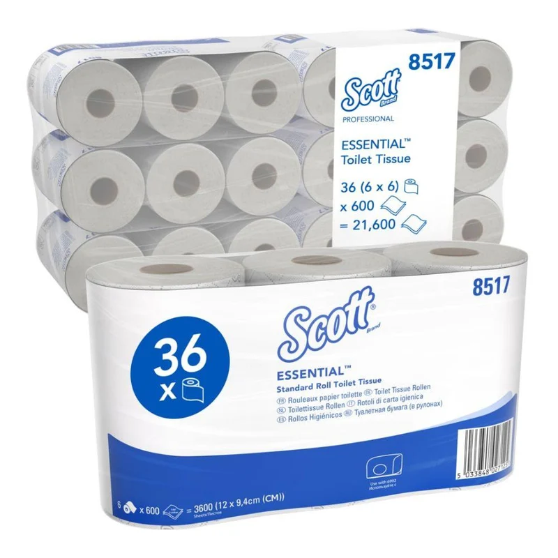 Scott® Essential ™ Toilet Paper 8517 2-strato 36 rotoli/21.600 foglio | Cartone (6 pacchi)