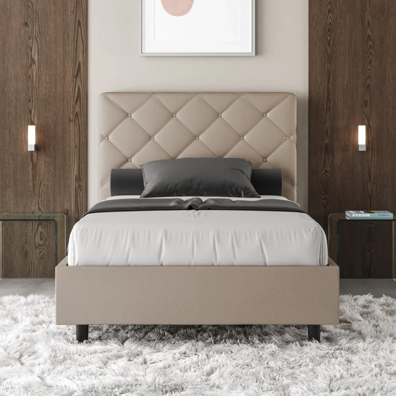 Letto imbottito Piazza e mezzo 130x200 cm Priya - Similpelle,Tortora,Con rete