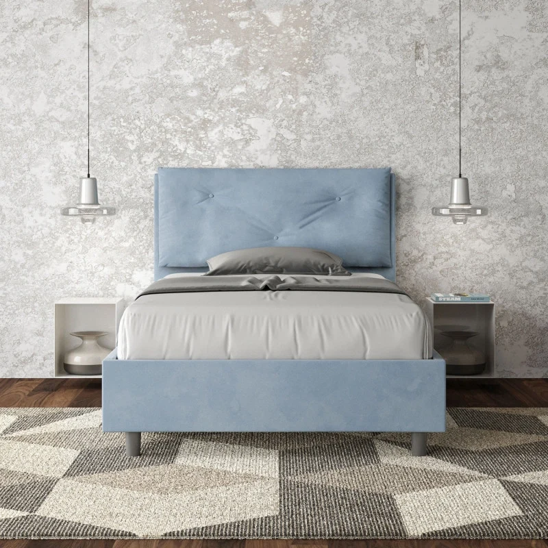 Letto imbottito Piazza e mezzo 130x190 cm Large - Con rete,Microfibra,Azzurro
