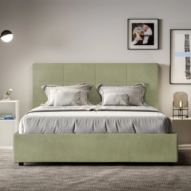 Letto imbottito Letto Matrimoniale alla Francese 150x210 cm Mika - Contenitore,Microfibra,Tè verde