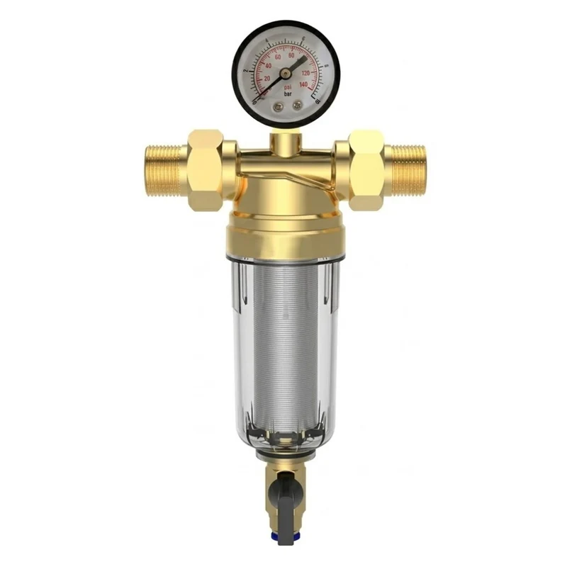 Filtro Autopulente in Ottone Klimaline da 1/2" per Acqua Potabile con Manometro e Bocchettoni Girevoli