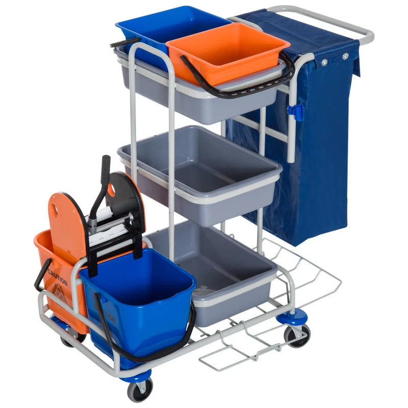 Easycomfort Carrello per Pulizie Professionale Multiuso con 4 Secchi Rotelle Borsa di Tela 118 × 73 × 103cm
