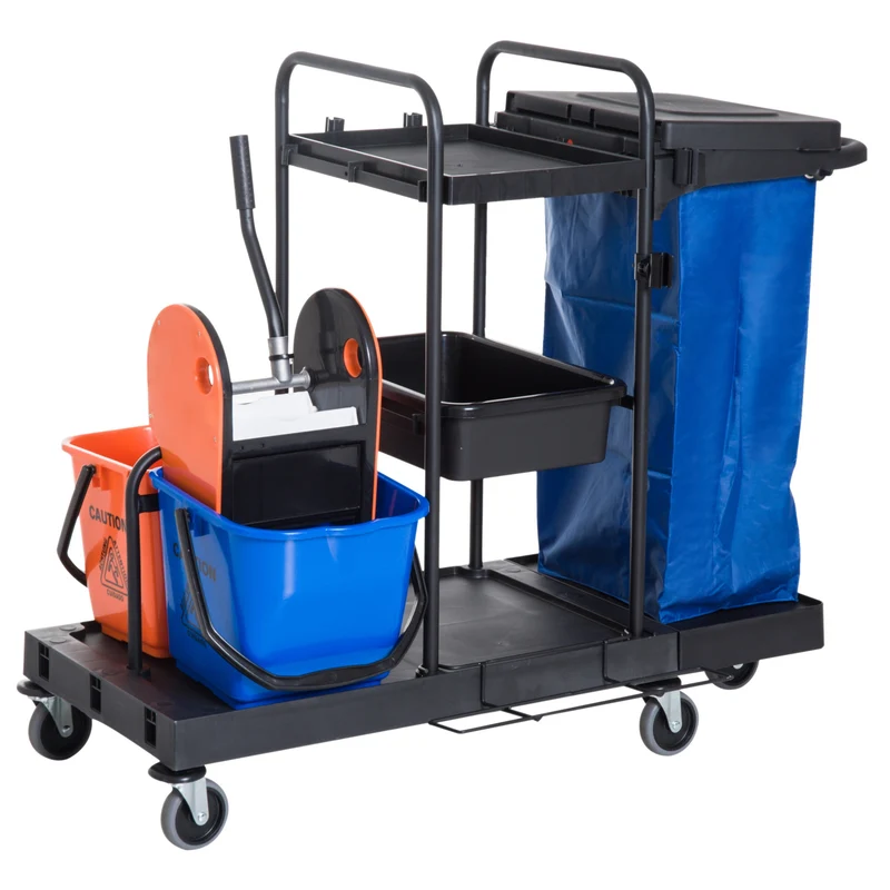 Easycomfort Carrello Pulizie Professionale a 3 Ripiani con Sacco per Immondizia, Ganci per Scopa, Secchio Lavapavimenti con Strizzatore per Mocio e 5 Ruote, per Hotel e Albergo, 111x63.3x103 cm, Nero