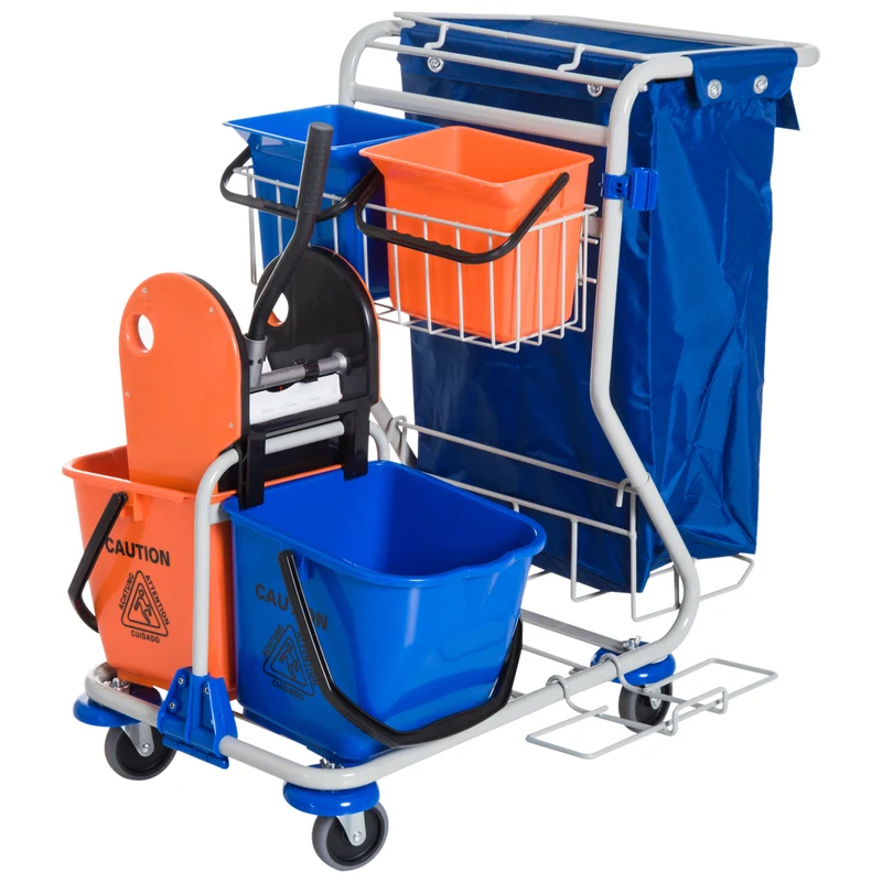 Easycomfort Carrello Pulizie Professionale con 4 Secchi 18l/6l, Sacco Spazzatura Impermeabile, Blu e Arancione, 93x80x97cm