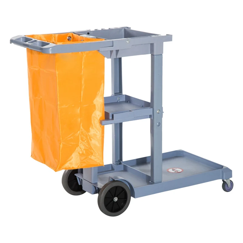 Easycomfort Carrello Pulizie Professionale con 3 Ripiani, Ganci Portascopa, 4 Ruote e Sacco 100L, Arancione 121 x 50.5 x 96.5cm