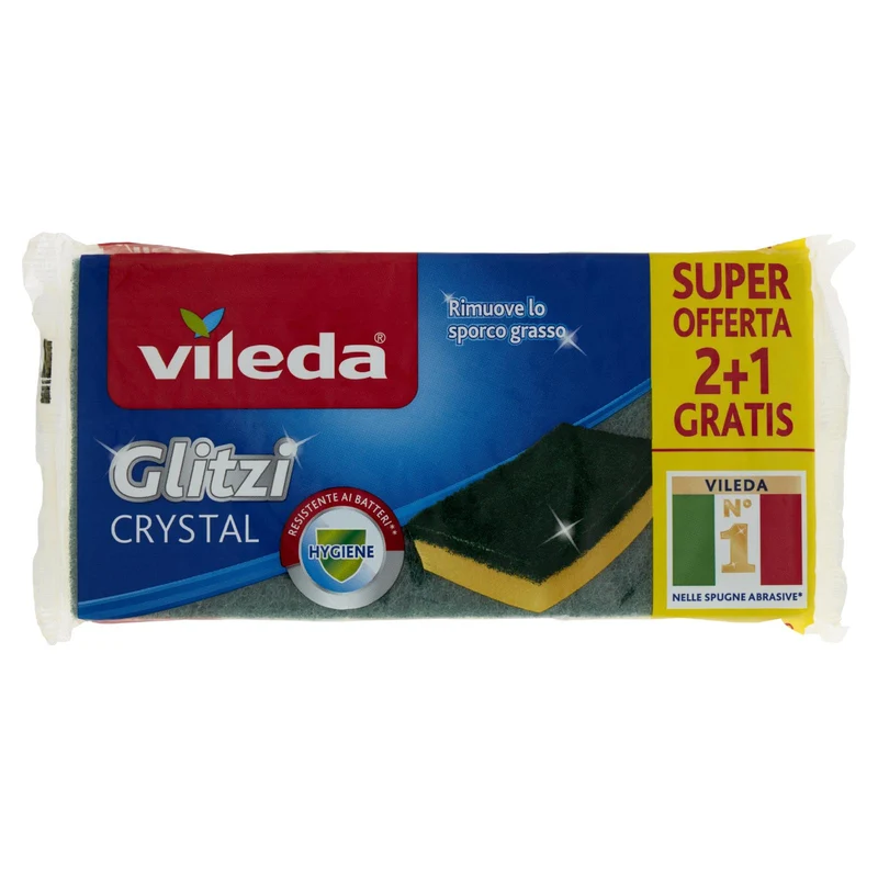Vileda Glitzi Crystal - spugna abrasiva da cucina con trattamento antibatterico sulla fibra, 3x
