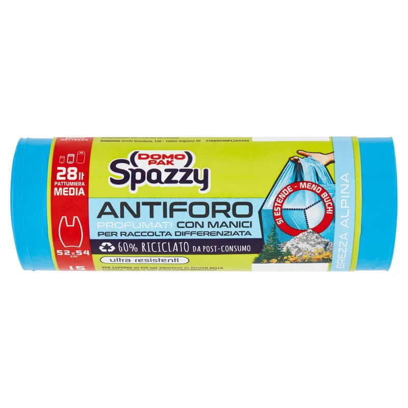 Domopak Spazzy Antiforo Profumati con Manici 28 lt Pattumiera Media 52x54 cm Brezza Alpina 15 pz