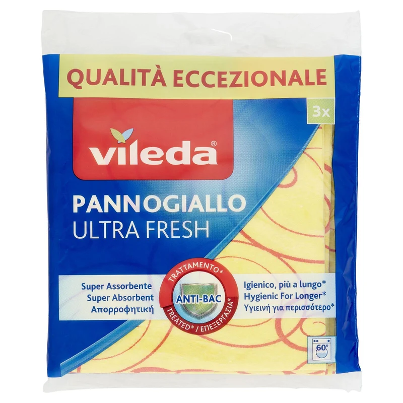 Vileda Pannogiallo, panno multiuso con antibatterico Ultra Fresh per pulire e spolverare. 3x34x34cm