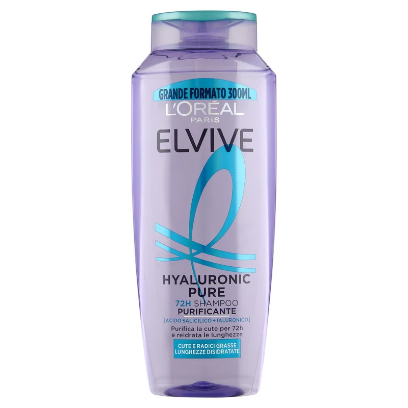 Elvive Hyaluronic Pure 72H Shampoo Purificante, per Cute e Radici Grasse, 300 ml