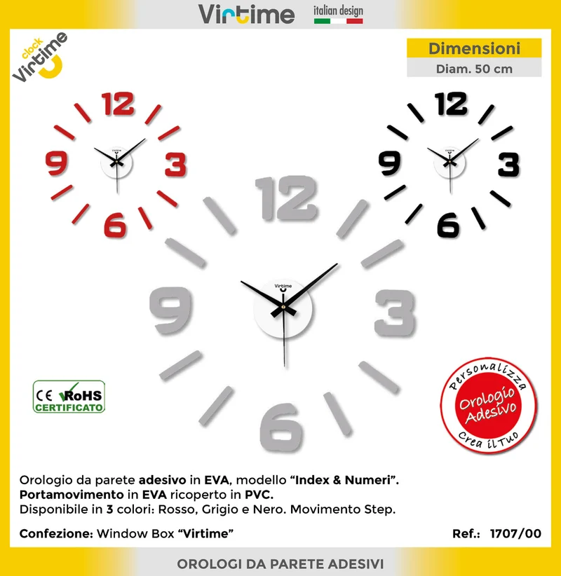 Virtime Orologio Parete Eva Wall Stick 50X50Cm Index e numeri