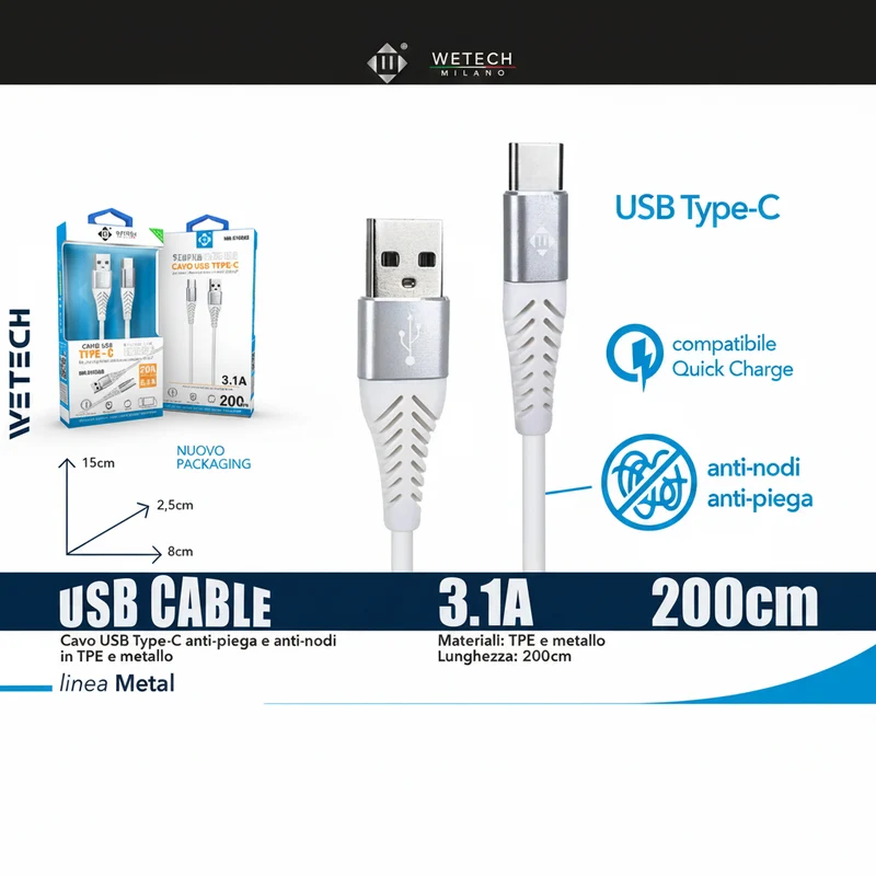 Wetech Cavo Usb-C Antipiega E Antinodi 3.0A 2M