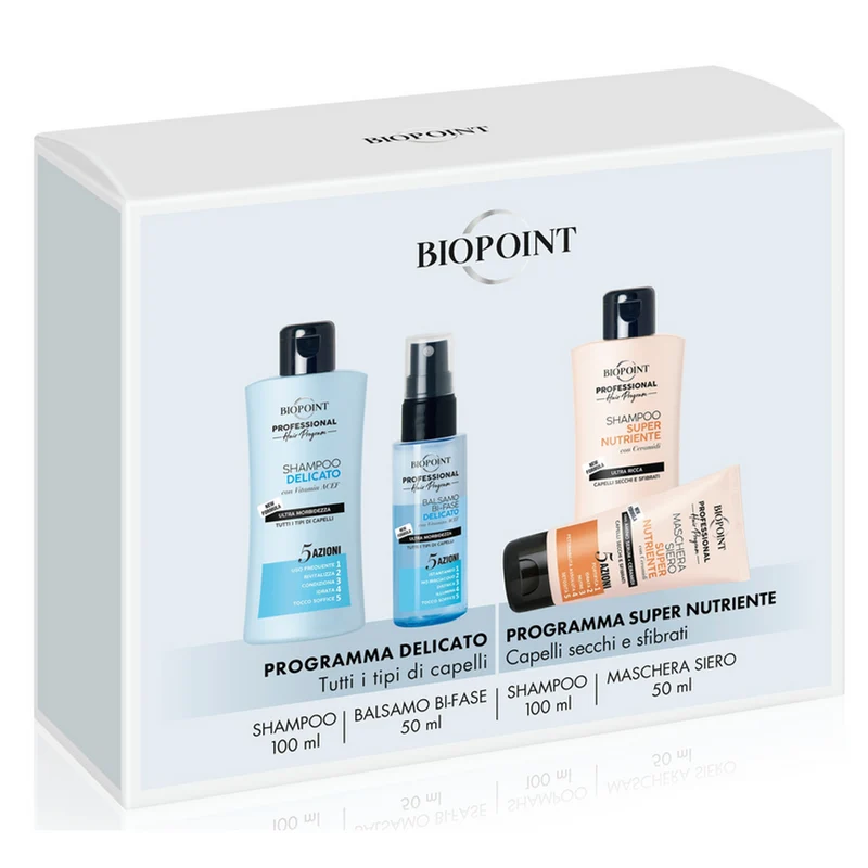 BIOPOINT - Cofanetto Minisize - Shampoo Super Nutriente 100 ml + Maschera Siero Super Nutriente 50 ml + Shampoo Delicato 100 ml + Balsamo Bifase Delicato 50 ml