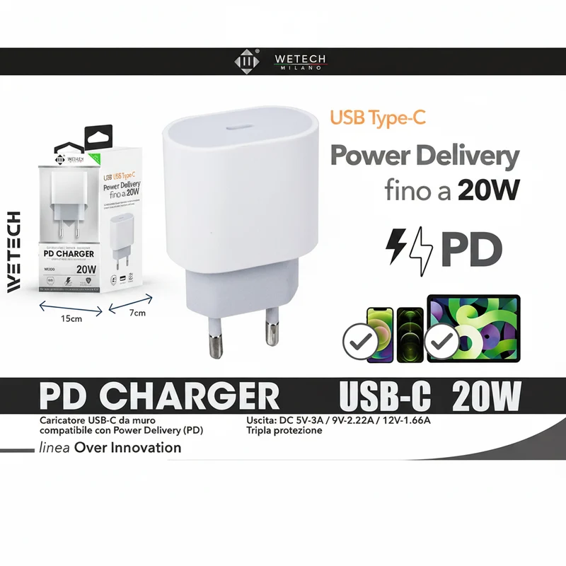 Wetech Adattatore Da Casa Usb-C Pd 20W