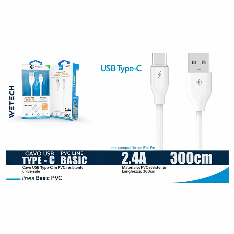 Wetech Cavo Usb-C Basic 2.4A 300Cm-Bianco